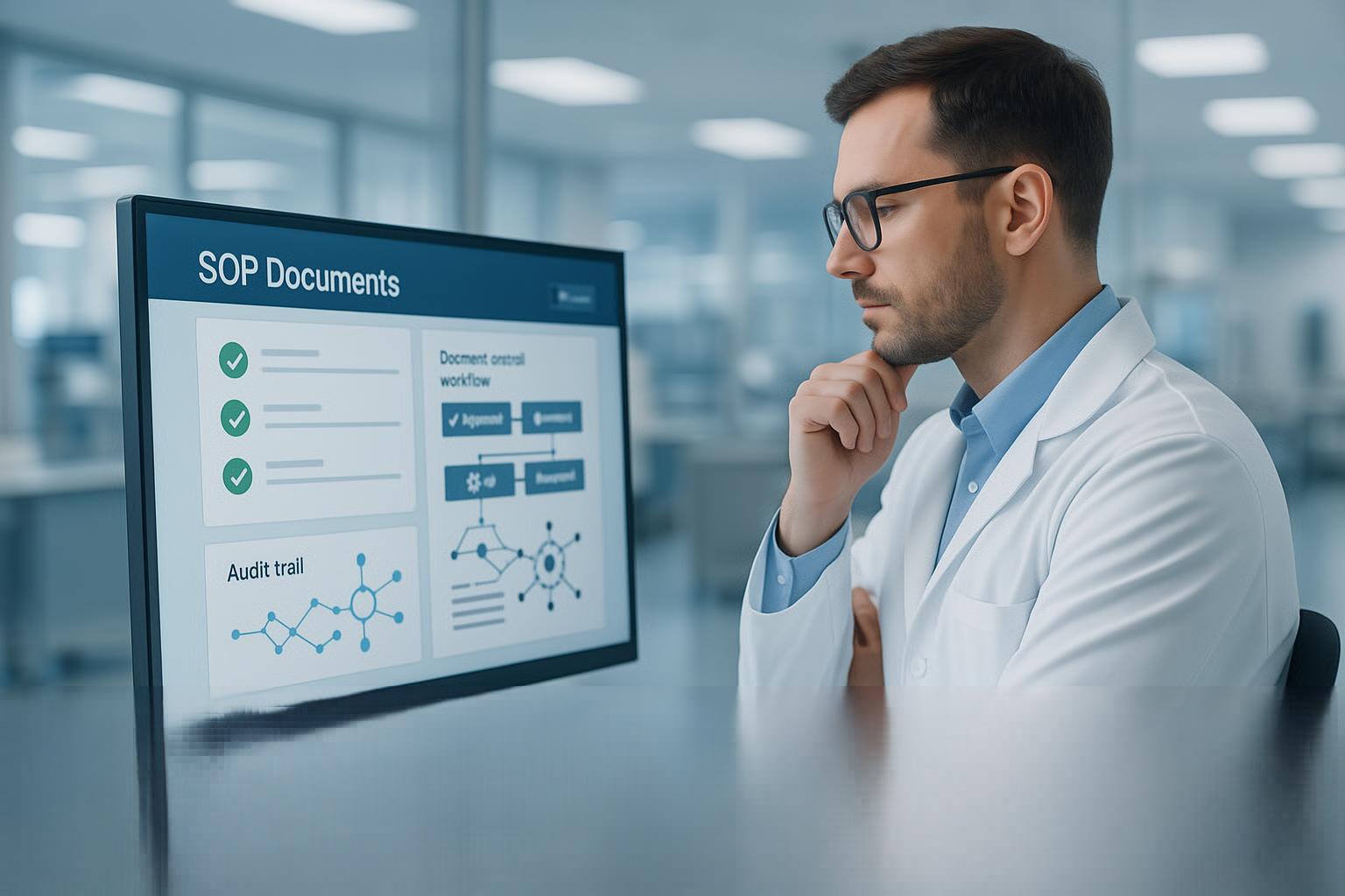 Professionista del Quality Assurance che verifica documentazione SOP e workflow di controllo documentale in un sistema GxP.