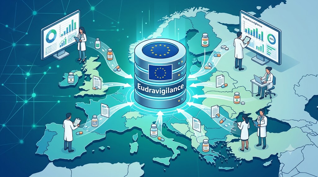 Illustrazione del database EudraVigilance che raccoglie e centralizza segnalazioni di sospette reazioni avverse provenienti da diversi Paesi europei.