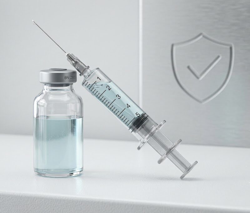 Flaconcino di vaccino e siringa appoggiati su una superficie bianca, con simbolo di scudo che richiama la sicurezza e la protezione sanitaria sullo sfondo.