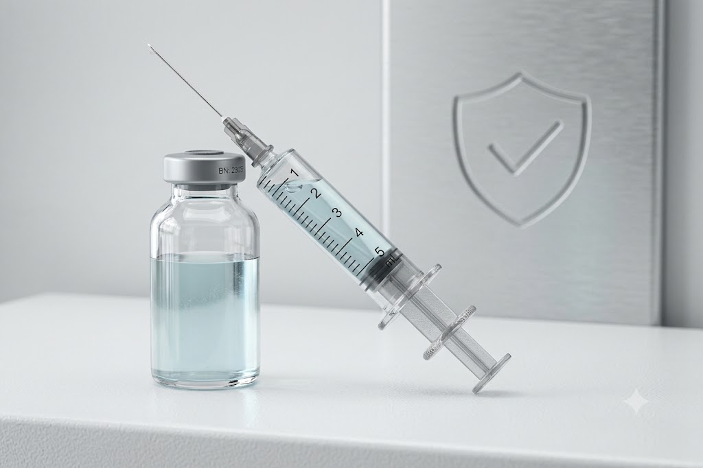 Flaconcino di vaccino e siringa appoggiati su una superficie bianca, con simbolo di scudo che richiama la sicurezza e la protezione sanitaria sullo sfondo.