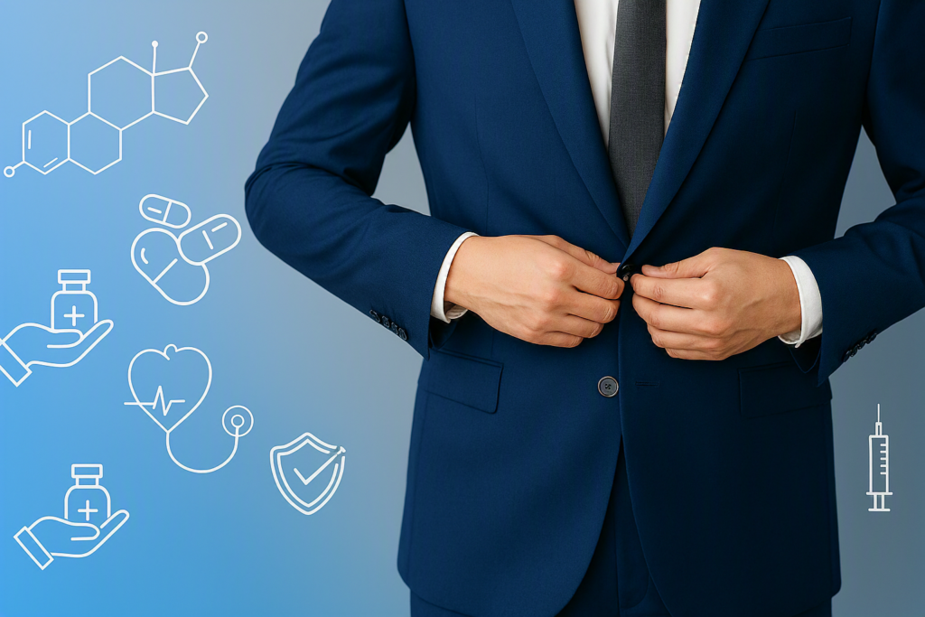 Figura professionale in abito formale circondata da icone relative a medicinali, sicurezza e salute, rappresentazione del ruolo della QPPV nella farmacovigilanza.