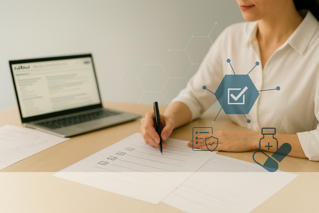 Professionista che consulta fonti scientifiche su computer portatile e compila una checklist, con icone che richiamano qualità, verifica delle informazioni, sicurezza e farmaci nel contesto della Medical Information.