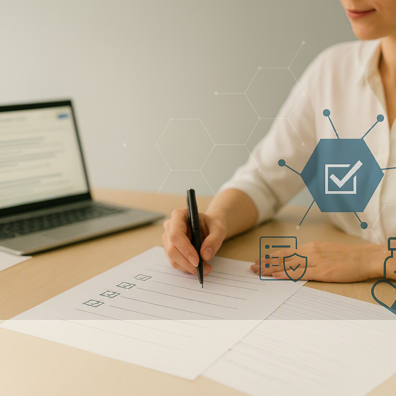 Professionista che consulta fonti scientifiche su computer portatile e compila una checklist, con icone che richiamano qualità, verifica delle informazioni, sicurezza e farmaci nel contesto della Medical Information.