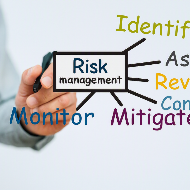 Professionista che illustra le fasi del risk management farmaceutico, tra cui identificazione, valutazione, controllo, mitigazione e monitoraggio dei rischi.