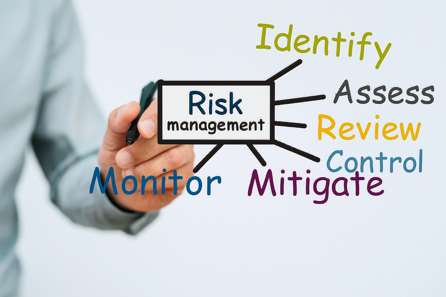 Professionista che illustra le fasi del risk management farmaceutico, tra cui identificazione, valutazione, controllo, mitigazione e monitoraggio dei rischi.
