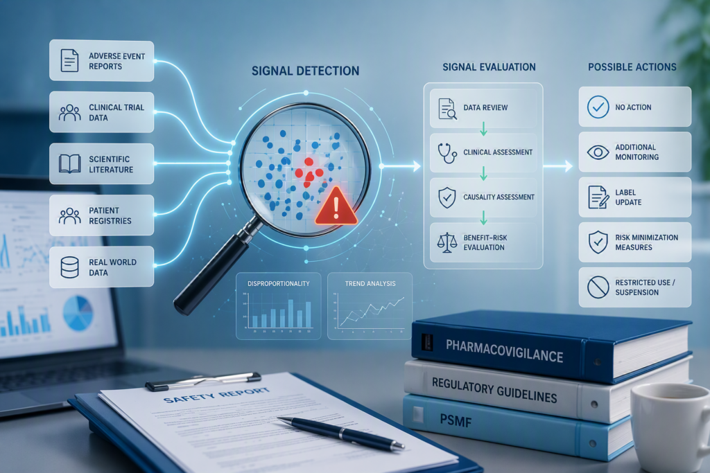 Infografica sulla signal detection in farmacovigilanza che mostra le principali fonti di dati di sicurezza, l'identificazione di un potenziale segnale attraverso l'analisi dei dati, le fasi di valutazione e le possibili azioni regolatorie conseguenti.