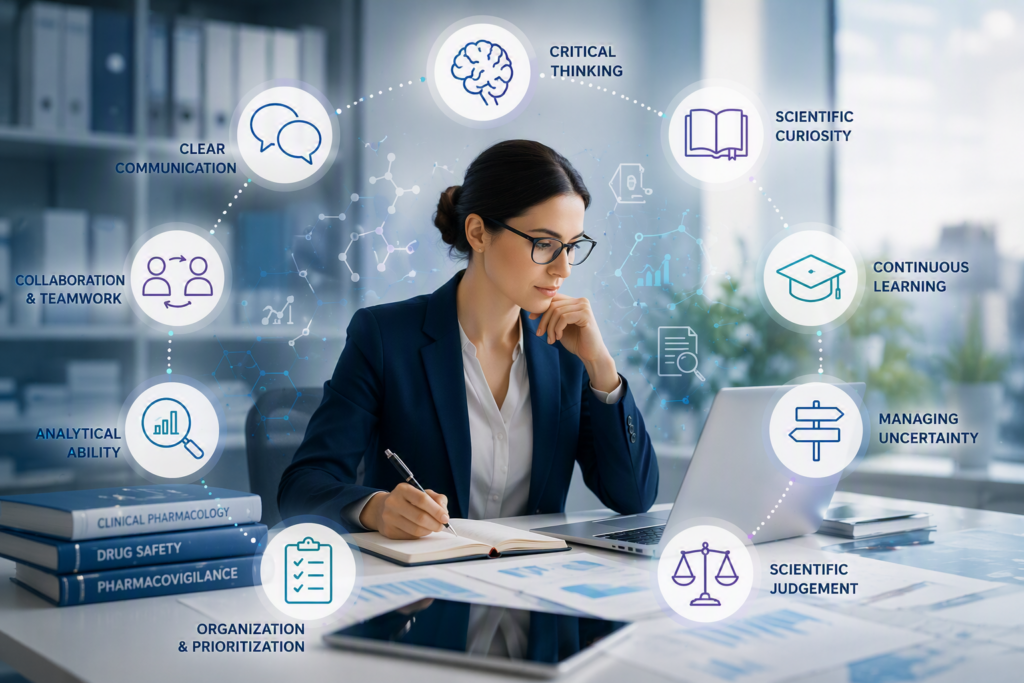 Professionista del Medical Information al lavoro davanti a un computer, circondato da icone che rappresentano competenze trasversali come comunicazione, pensiero critico, curiosità scientifica, apprendimento continuo, organizzazione, capacità analitiche e collaborazione.