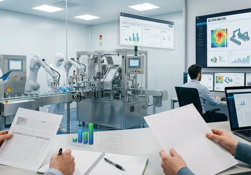 Professionisti del Quality Assurance farmaceutico analizzano documentazione e indicatori di qualità mentre monitorano una linea di produzione automatizzata in ambiente GMP attraverso sistemi digitali di controllo e dashboard di performance.