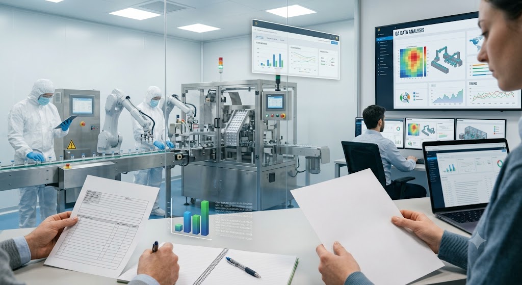 Professionisti del Quality Assurance farmaceutico analizzano documentazione e indicatori di qualità mentre monitorano una linea di produzione automatizzata in ambiente GMP attraverso sistemi digitali di controllo e dashboard di performance.